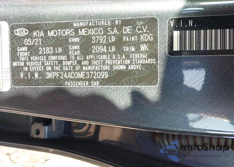2021 Kia Forte Lxs from USA, damaged, VIN 3KPF24AD3ME372099